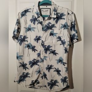 MBX Denim white with blue palm trees short sleeve button down shirt